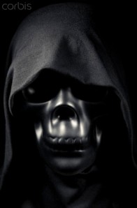 Black human skull on black background
